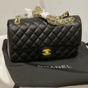 Black Shoulder Bag with Quilted Design and Gold Chain Strap
